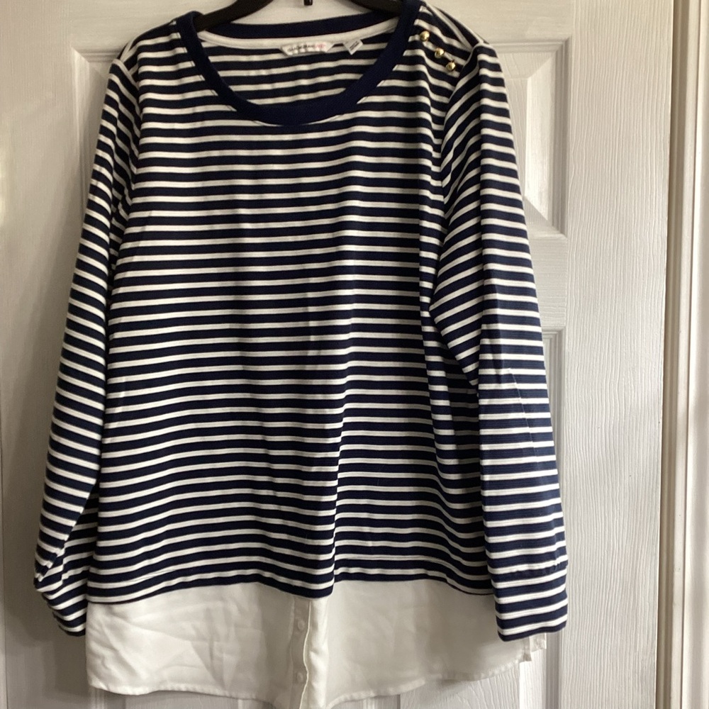 Isaac Mizrahi Live! Textured Stripe Layered Pullover Shirt Navy Large
EUC